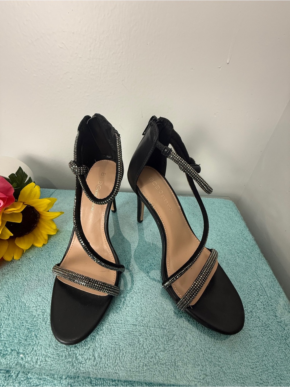 BCBG Black Rhinestone Strappy Stiletto Heels